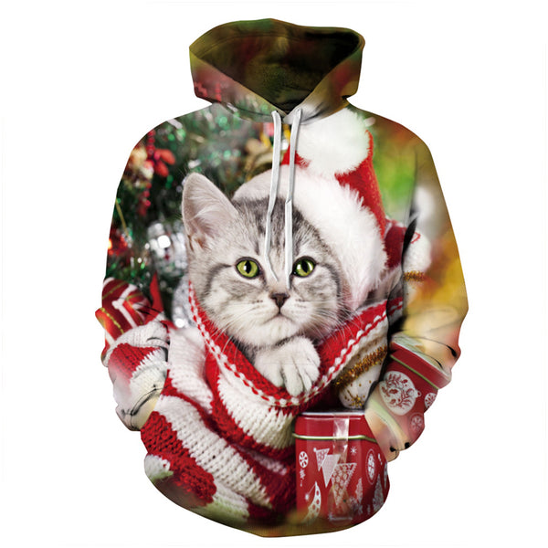 3D Print Hoodie - Cute Christmas Cat Pattern Pullover Hoodie ICK040 - icoshero