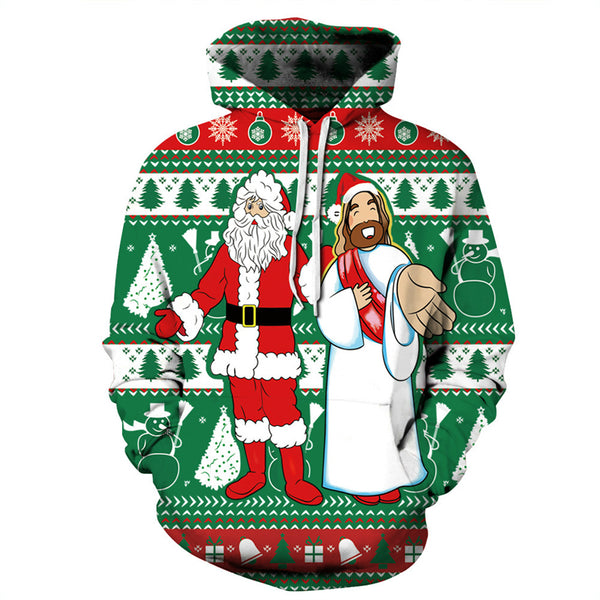 3D Print Hoodie - Santa Claus and Jesus Print Pullover Hoodie ICK009 - icoshero